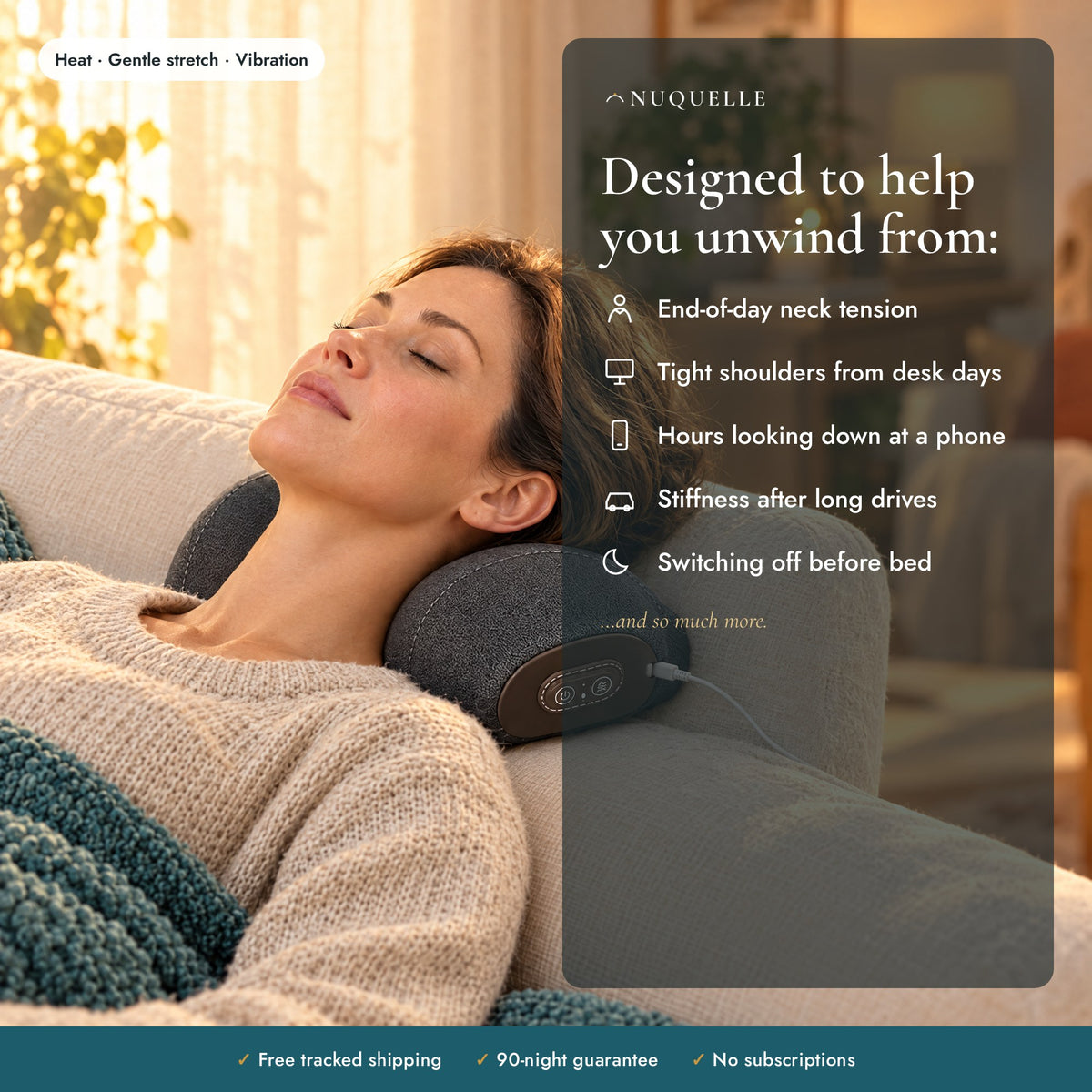 Nuquelle heated neck pillow – designed to help you unwind from desk days, phone neck and long drives