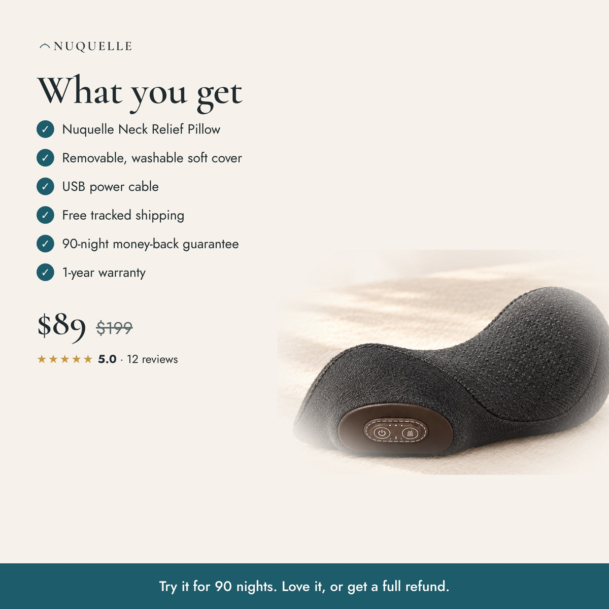 What you get – pillow, washable cover, USB cable, free shipping and 90-night guarantee