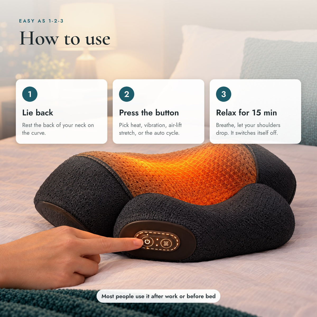 How to use Nuquelle in 3 steps – lie back, press the button, relax for 15 minutes