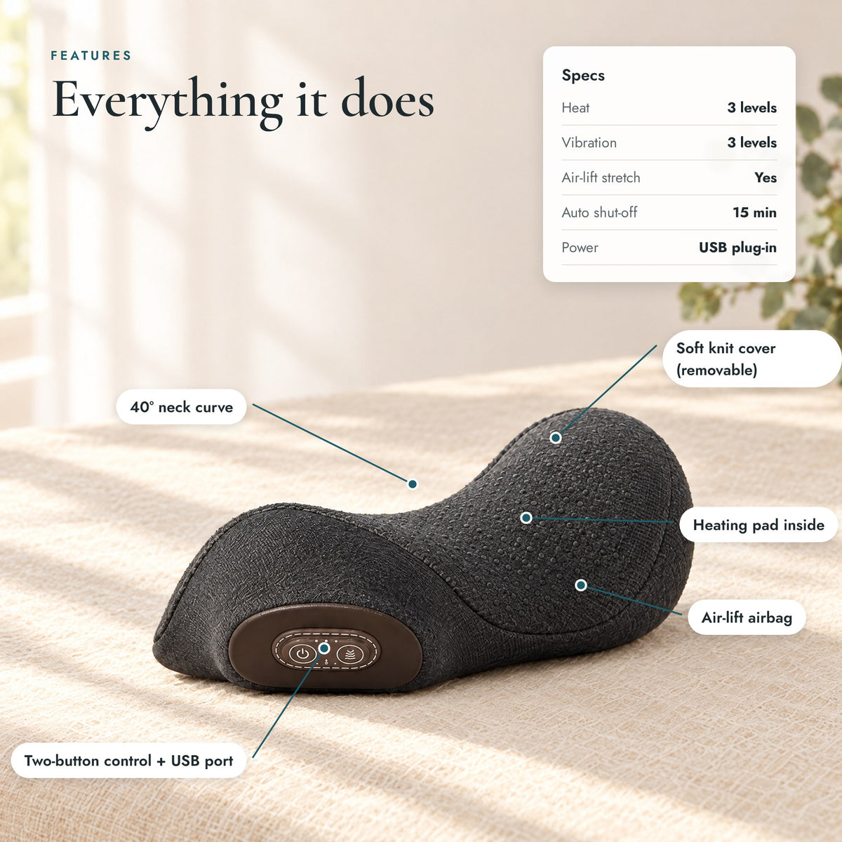 Nuquelle features and specs – heat, vibration, air-lift stretch, 15 minute auto shut-off, USB power
