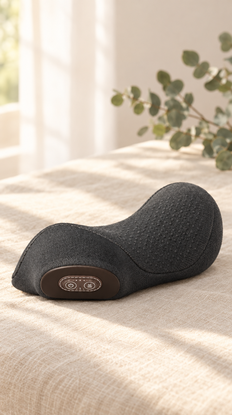 Nuquelle neck relief pillow in charcoal on a linen surface