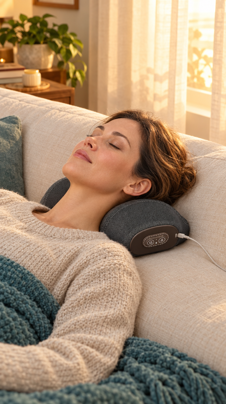 Woman relaxing on a sofa with her neck resting on the Nuquelle pillow