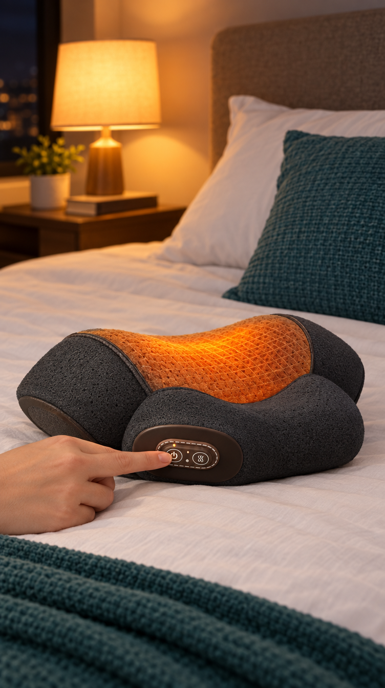 Pressing the button on the Nuquelle pillow to turn on the heat